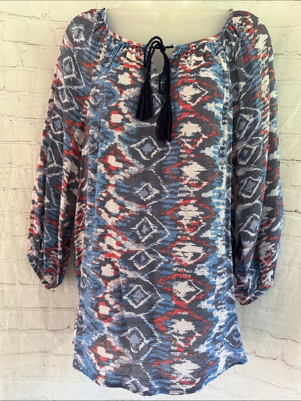 New Directions NWT Aztec Boho Tie-Neck Peasant Blouse in Blue & Red M
